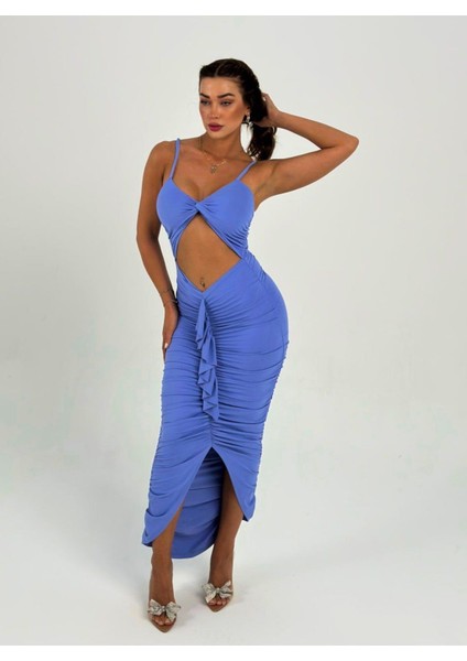 Premium Vücuda Oturan Örme Büzgülü Özel Dekolte Detaylı abiye elbise modelleri