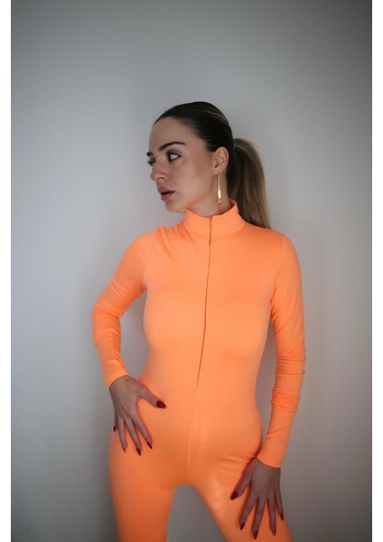 Turuncu Orange Vücuda Oturan Polarlı Tayt Tulum