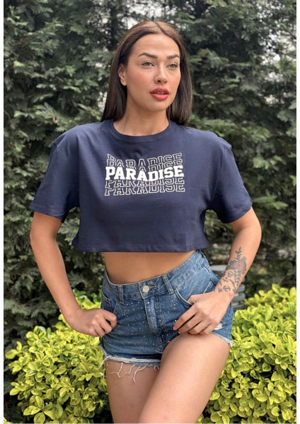 Kadın Lacivert Bisiklet Yaka Baskılı Oversize Crop T-Shirt