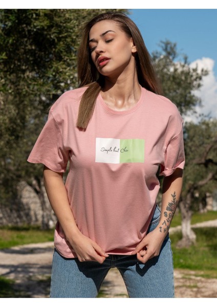 Kadın Oversize Fit Bisiklet Yaka Baskılı Kısa Kollu T-Shirt