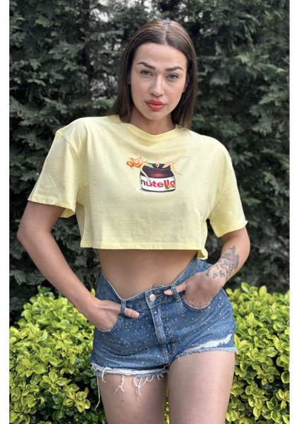 Kadın Sarı Bisiklet Yaka Baskılı Oversize Crop T-Shirt
