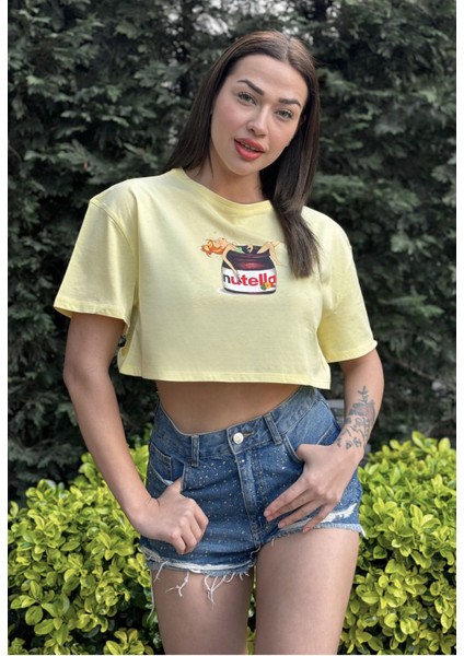 Kadın Sarı Bisiklet Yaka Baskılı Oversize Crop T-Shirt modelleri