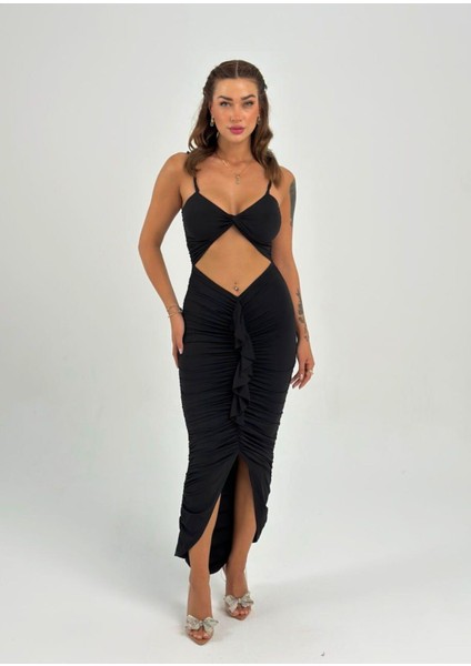 Vücuda Oturan Örme Büzgülü Özel Dekolte Detaylı abiye elbise