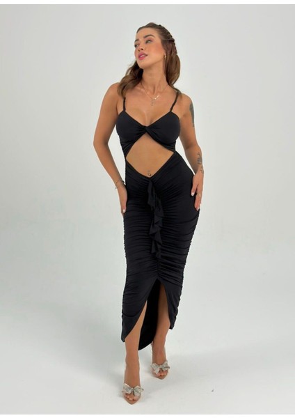 Vücuda Oturan Örme Büzgülü Özel Dekolte Detaylı abiye elbise fiyatları