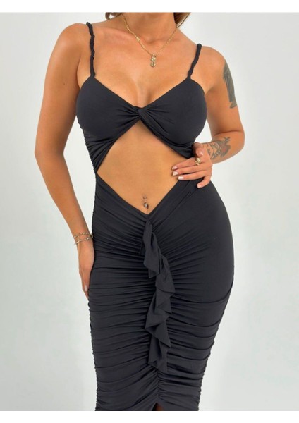 Vücuda Oturan Örme Büzgülü Özel Dekolte Detaylı abiye elbise modelleri