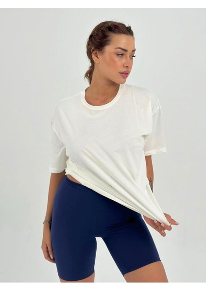 Kadın Ekru Baskısız Basıc Pamuklu Oversize T-Shirt