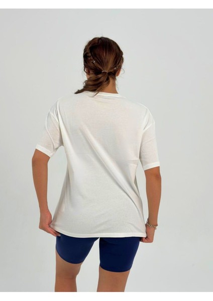 Kadın Ekru Baskısız Basıc Pamuklu Oversize T-Shirt