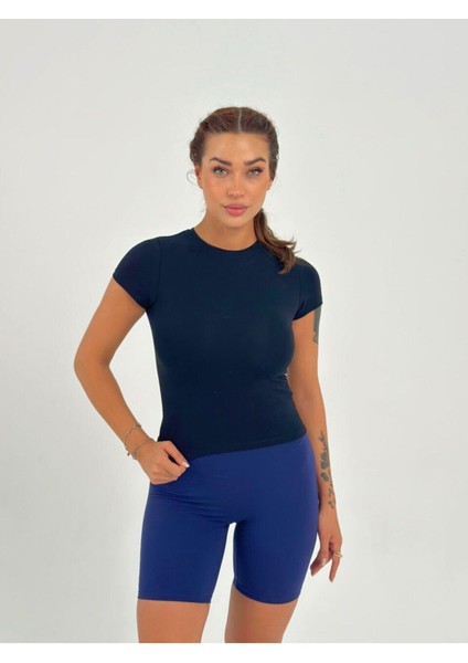 Koyu Lacivert Fitted/vücuda Oturan Crop T-Shirt