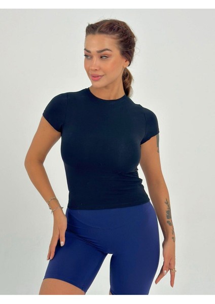 Koyu Lacivert Fitted/vücuda Oturan Crop T-Shirt