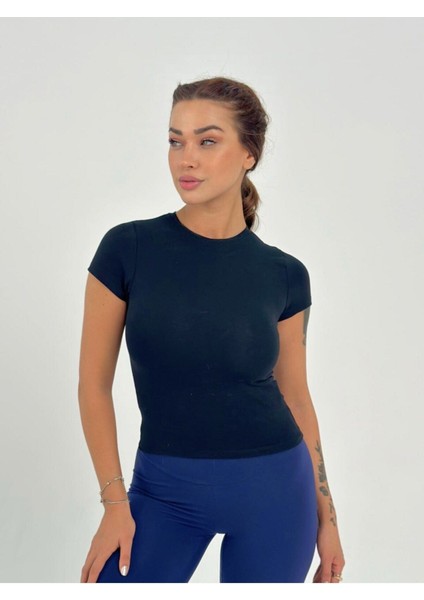 Koyu Lacivert Fitted/vücuda Oturan Crop T-Shirt