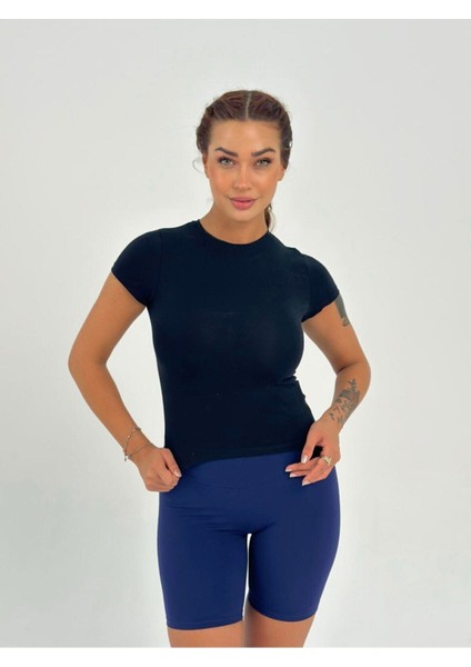 Koyu Lacivert Fitted/vücuda Oturan Crop T-Shirt