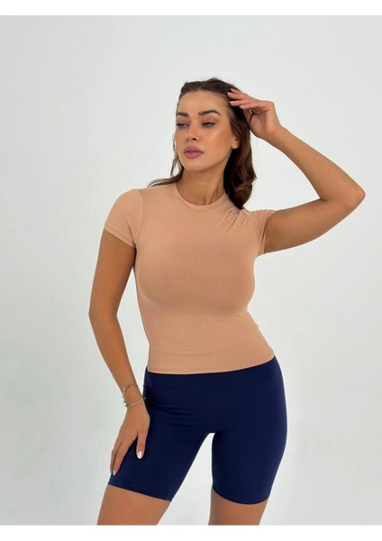 Sütlü Kahve Fitted/vücuda Oturan Crop T-Shirt