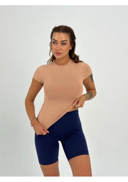 Sütlü Kahve Fitted/vücuda Oturan Crop T-Shirt