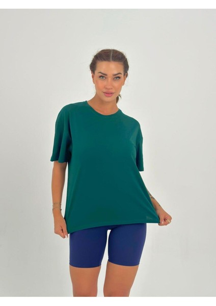 Kadın Yeşil Baskısız Basıc Pamuklu Oversize T-Shirt