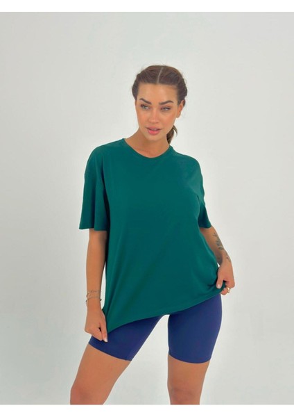Kadın Yeşil Baskısız Basıc Pamuklu Oversize T-Shirt fiyatları