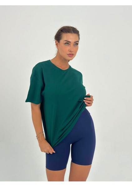 Kadın Yeşil Baskısız Basıc Pamuklu Oversize T-Shirt modelleri