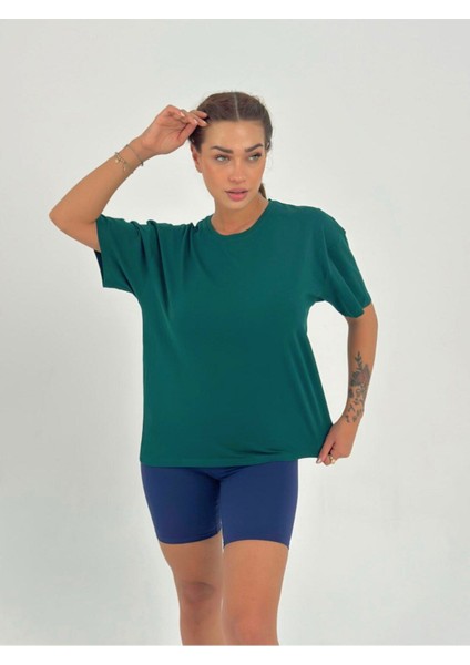 Kadın Yeşil Baskısız Basıc Pamuklu Oversize T-Shirt fırsatları