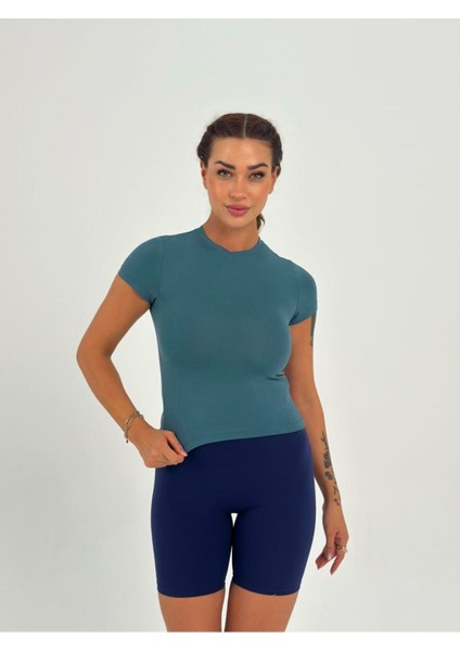 Petrol Yeşili Fitted/vücuda Oturan Crop T-Shirt