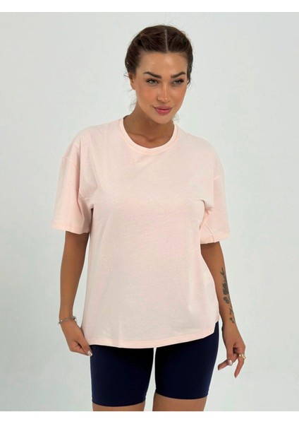 Kadın Pudra Baskısız Basıc Pamuklu Oversize T-Shirt