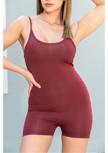 Vücüda Oturan Kadın Spor Şort Tulum / Toparlayıcı Askılı Spor Tulum Body Tayt Tulum