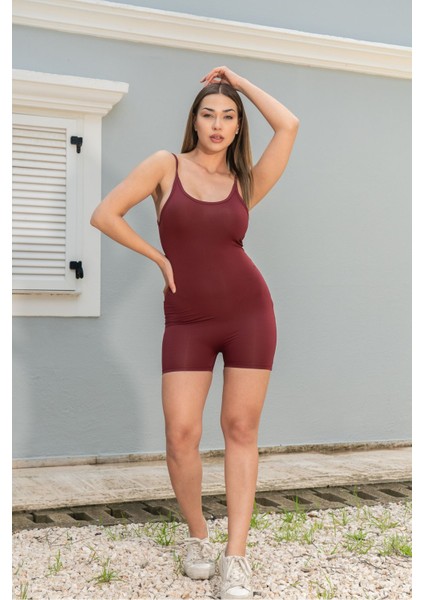 Vücüda Oturan Kadın Spor Şort Tulum / Toparlayıcı Askılı Spor Tulum Body Tayt Tulum