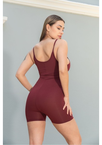 Vücüda Oturan Kadın Spor Şort Tulum / Toparlayıcı Askılı Spor Tulum Body Tayt Tulum