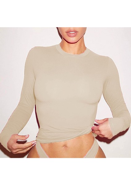 Bej Örme Basic Bisiklet Yaka Uzun Kollu Slim Fit Kadın Body T-Shirt