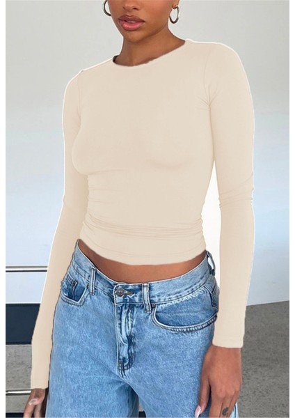 Bej Örme Basic Bisiklet Yaka Uzun Kollu Slim Fit Kadın Body T-Shirt modelleri