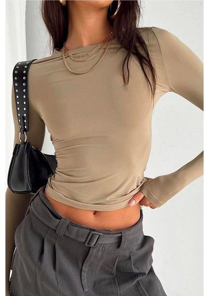 Bej Örme Basic Bisiklet Yaka Uzun Kollu Slim Fit Kadın Body T-Shirt fırsatları
