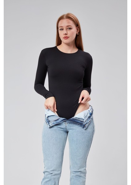 Siyah Astarlı Uzun Kollu Çıtçıtlı Body