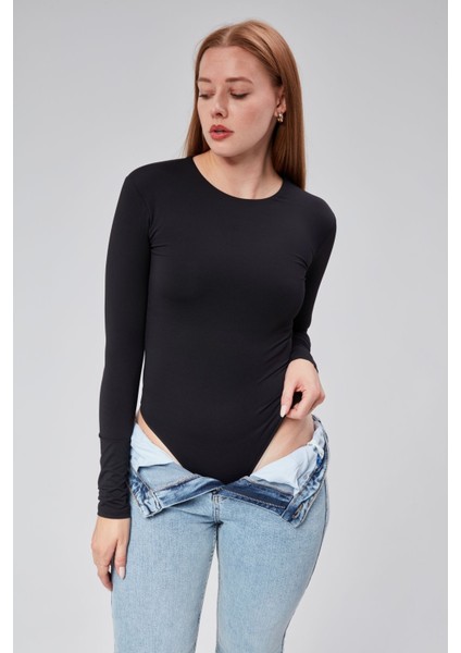 Siyah Astarlı Uzun Kollu Çıtçıtlı Body