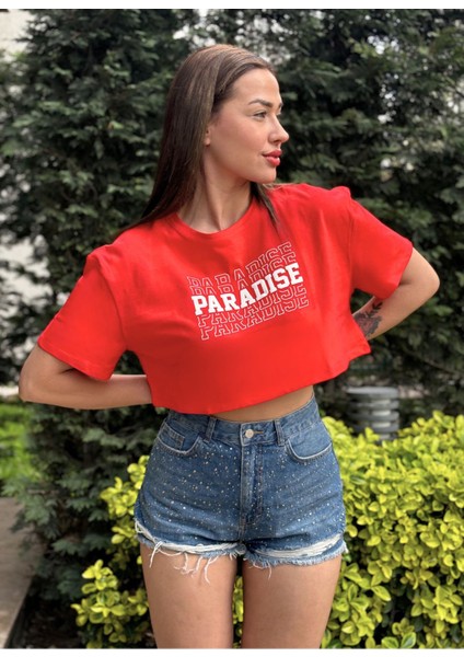 Kadın Kırmızı Bisiklet Yaka Baskılı Oversize Crop T-Shirt