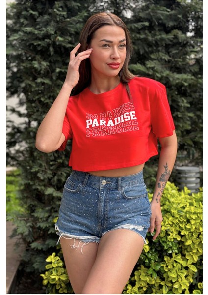 Kadın Kırmızı Bisiklet Yaka Baskılı Oversize Crop T-Shirt fiyatları