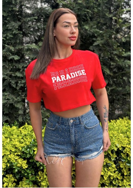Kadın Kırmızı Bisiklet Yaka Baskılı Oversize Crop T-Shirt modelleri
