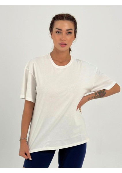 Kadın Ekru Baskısız Basıc Pamuklu Oversize T-Shirt indirimleri