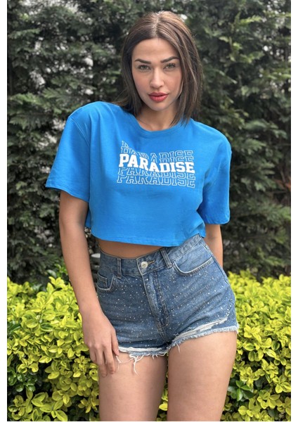 Kadın Mavi Bisiklet Yaka Baskılı Oversize Crop T-Shirt