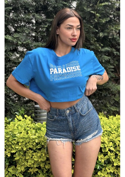 Kadın Mavi Bisiklet Yaka Baskılı Oversize Crop T-Shirt