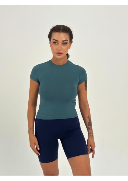 Petrol Yeşili Fitted/vücuda Oturan Crop T-Shirt