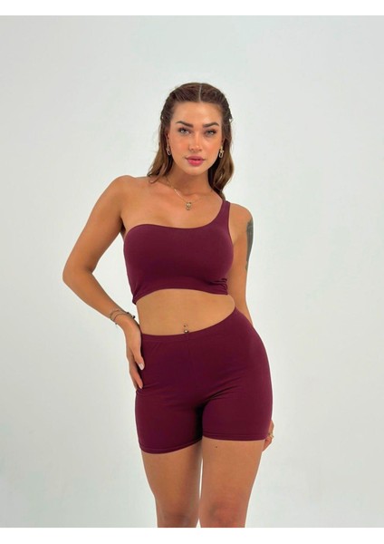 Kadın Bordo Tek Omuz Detaylı Şort Crop Takım