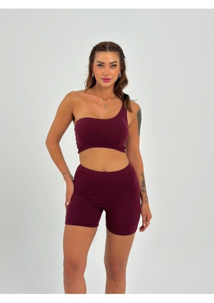 Kadın Bordo Tek Omuz Detaylı Şort Crop Takım
