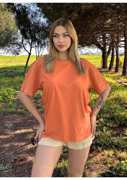 Kadın Baskısız Basic Pamuklu Oversize Tişört