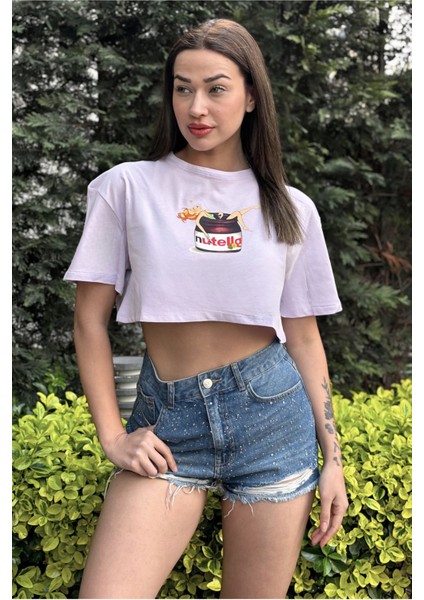 Kadın Lila Bisiklet Yaka Baskılı Oversize Crop T-Shirt