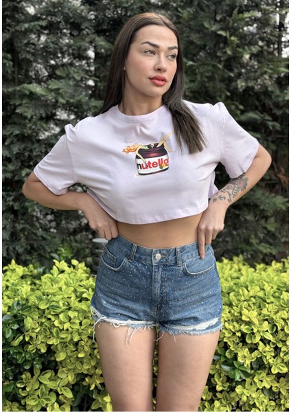 Kadın Lila Bisiklet Yaka Baskılı Oversize Crop T-Shirt