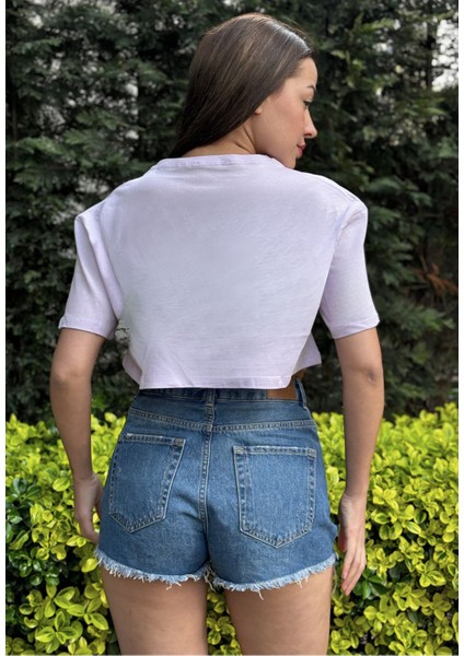 Kadın Lila Bisiklet Yaka Baskılı Oversize Crop T-Shirt