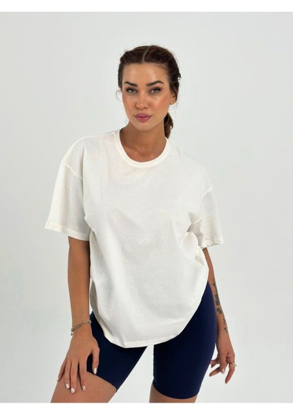 Kadın Ekru Baskısız Basıc Pamuklu Oversize T-Shirt