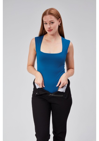 Petrol Mavi Astarlı Sıfır Kol Kare Yaka Dekolteli Çıtçıtlı Bodysuit