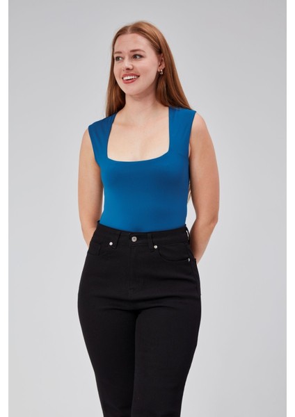 Petrol Mavi Astarlı Sıfır Kol Kare Yaka Dekolteli Çıtçıtlı Bodysuit