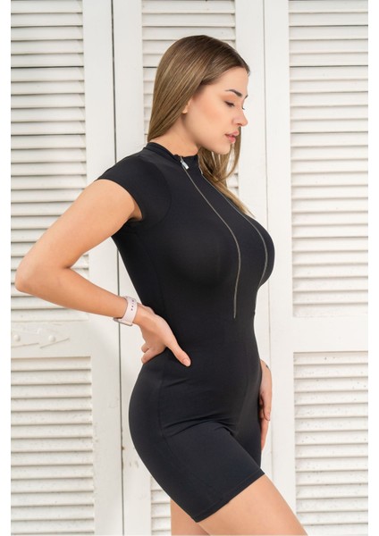 Vücüda Oturan Kadın Spor Şort Tulum / Toparlayıcı Çift Fermuarlı Spor Mayo Tulum Body Tayt Tulum fırsatları