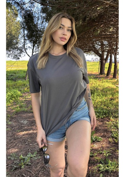 Kadın Baskısız Basic Pamuklu Oversize Tişört