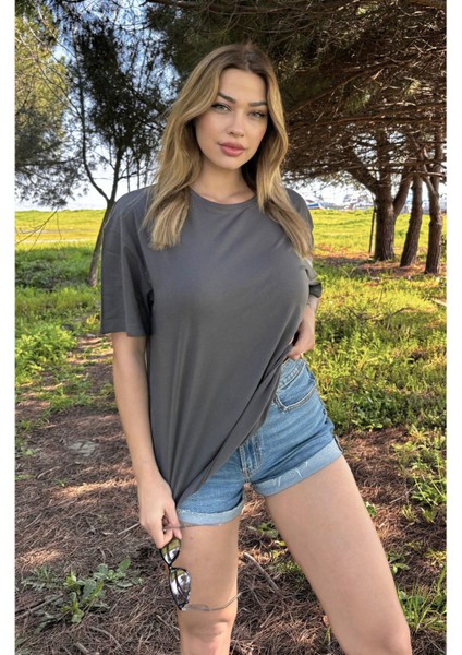 Kadın Baskısız Basic Pamuklu Oversize Tişört